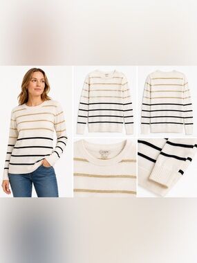 J. Crew Cream Crewneck Sweater with Gold Metallic and Black Stripes
